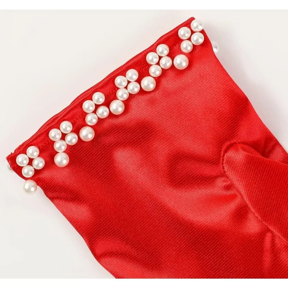 Women's Red Satin Pearl Short Length Wrist Gloves Wedding Banquet Party Prom